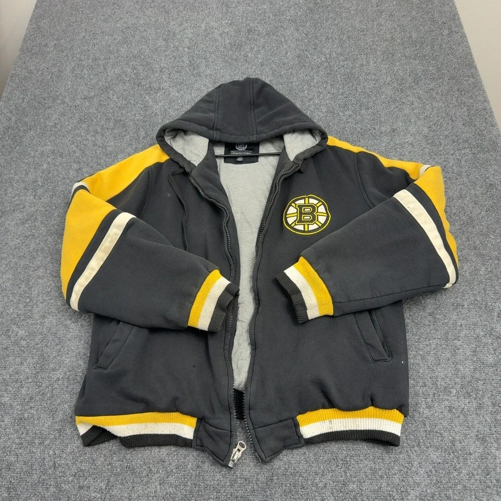 Boston Bruins GIII Jacket Mens L Black Cotton Full Zip Hooded Embroidered Hockey